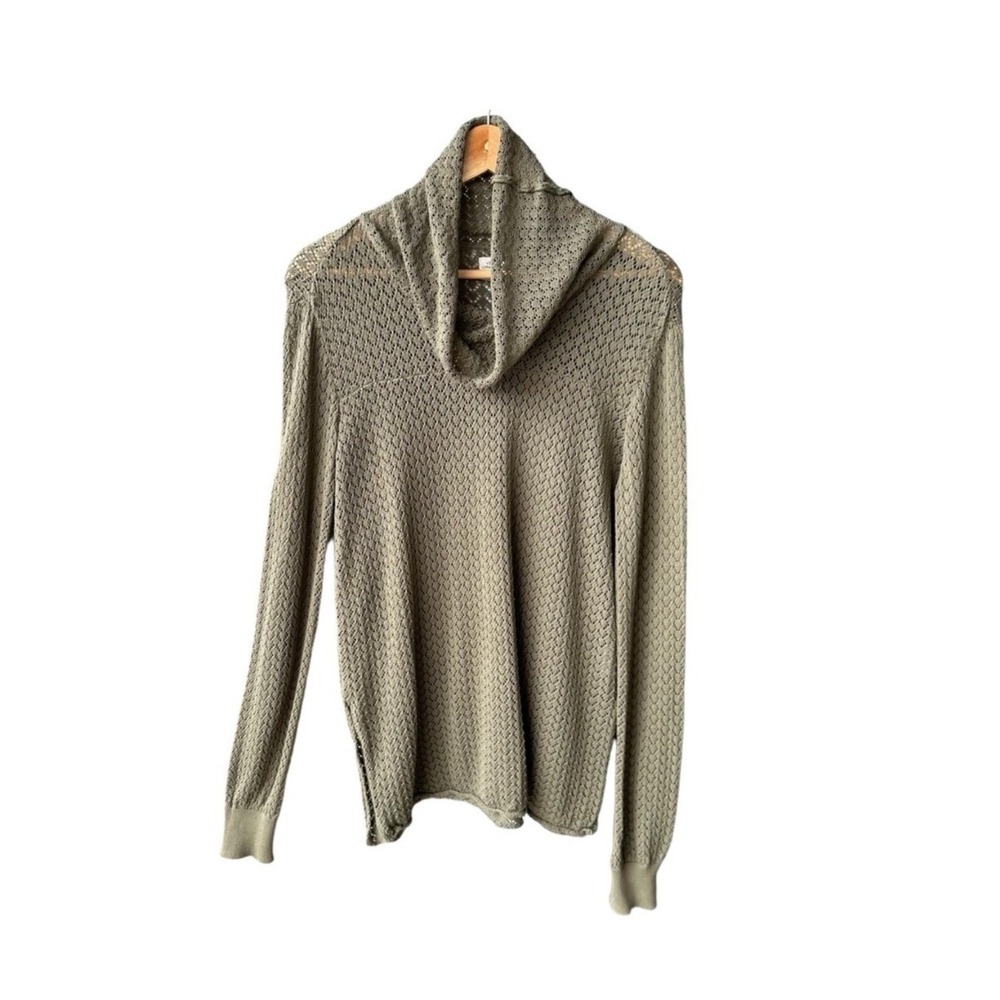 ONeill Sweater Top Cowl Neck Pointelle Open Knit Cotton Olive Green Size Medium